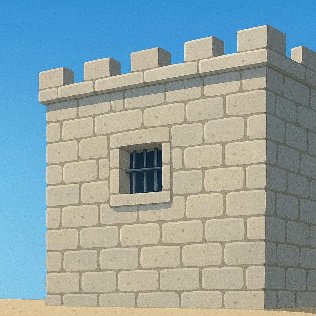 Une illustration simple d'un bâtiment de prison en pierre, haut et imposant, avec de hauts murs d'enceinte et de petites fenêtres à barreaux, signifiant un lieu de détention.