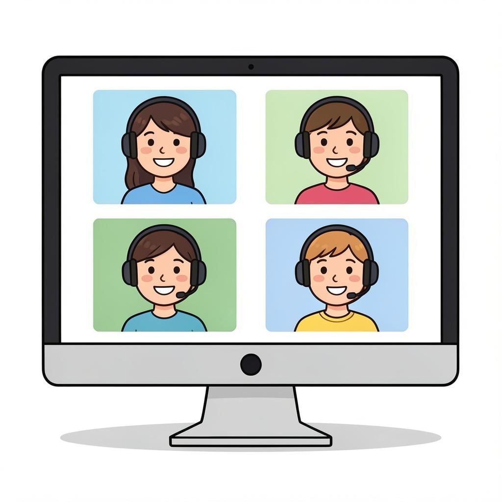 Several people shown on separate video screens on a computer monitor, all wearing headsets.