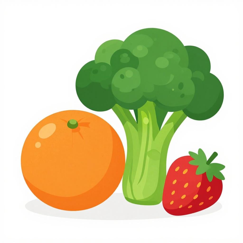 A colorful variety of fresh fruits and vegetables like oranges, broccoli, and strawberries on a clean surface.