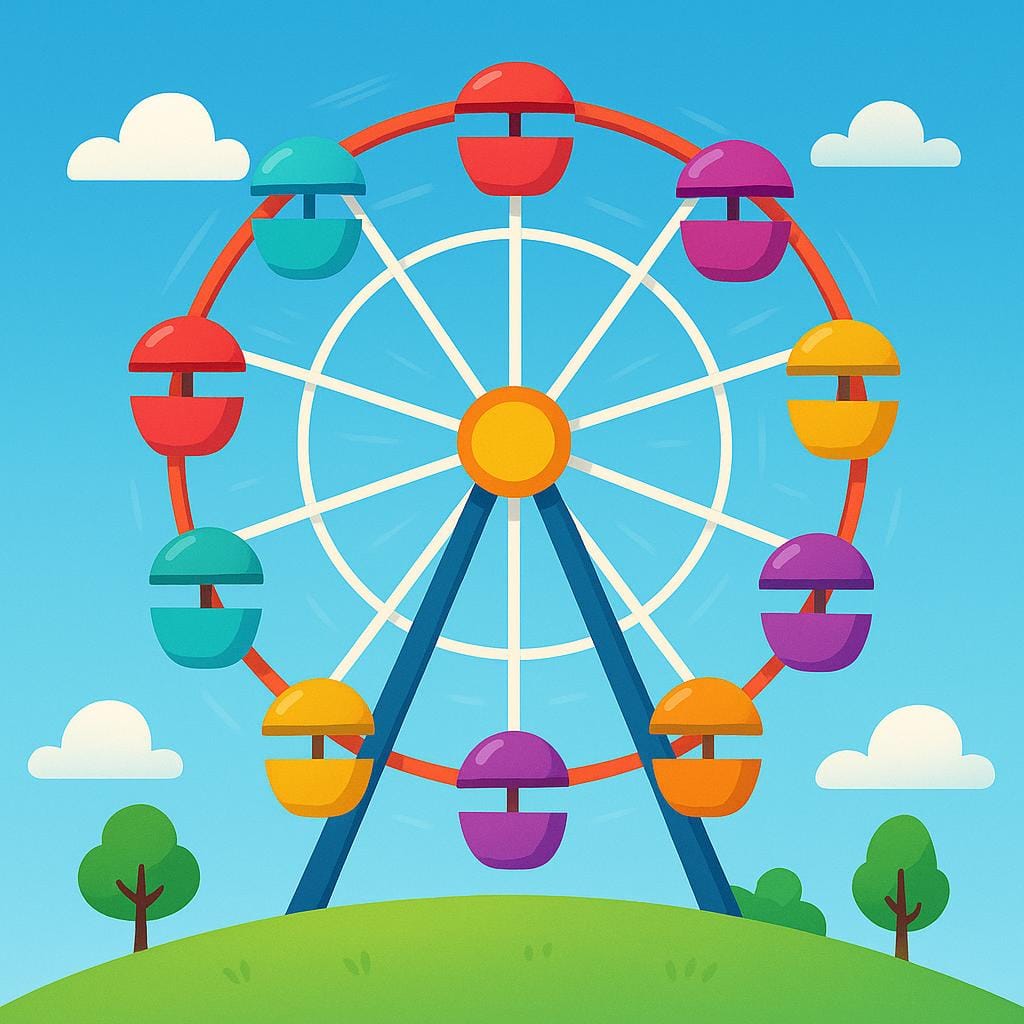 A large, brightly colored Ferris wheel at a fairground, reaching high into a clear blue sky.