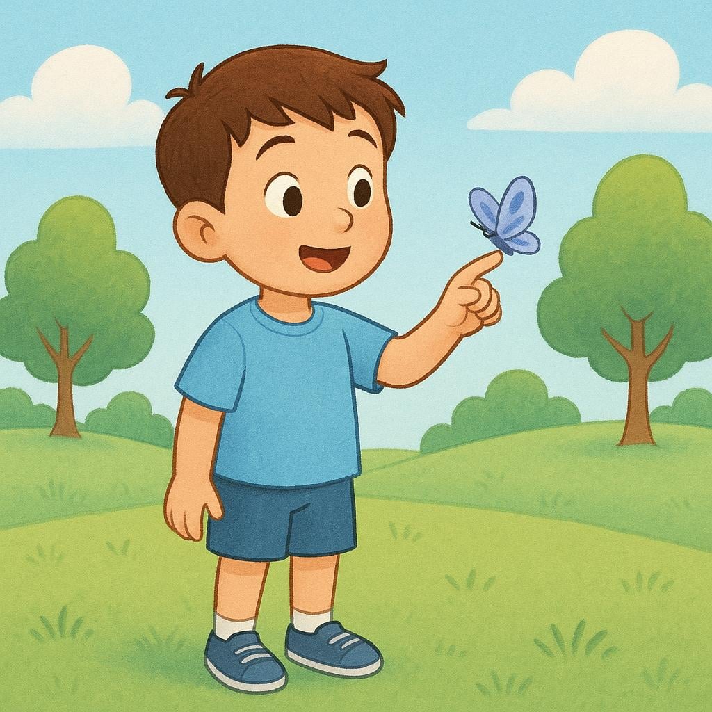 A boy stands outdoors, looking surprised and delighted as a small, colorful butterfly gently lands on his outstretched finger.