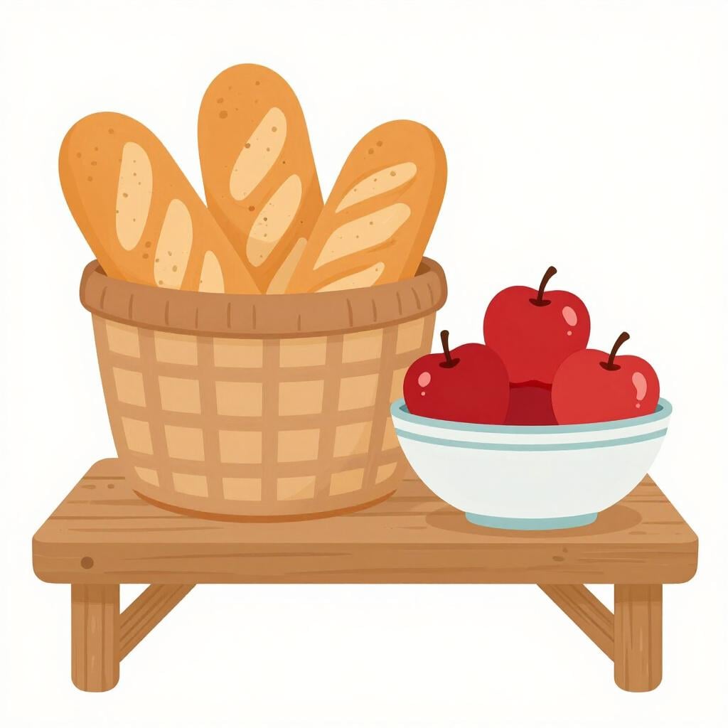 A wooden shelf stocked with fresh fruit and a full basket of bread.