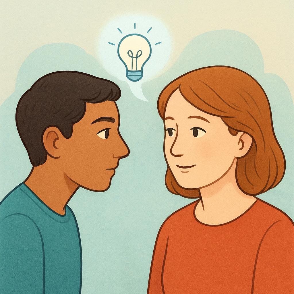 A person is observing another person's body language closely, with a small, stylized lightbulb floating above the observer's head, symbolizing a moment of understanding or interpretation.