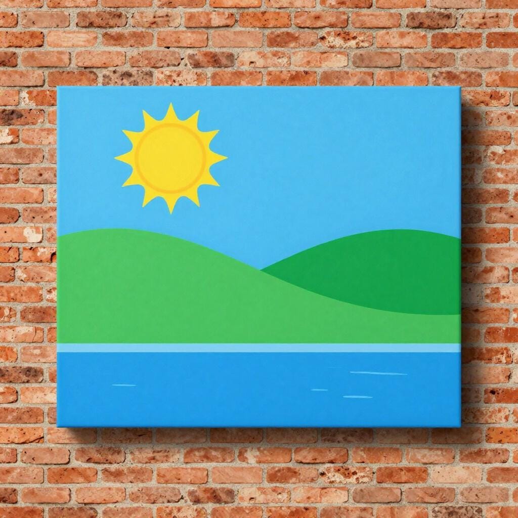 A large, colorful painting of a landscape on the side of a brick building.