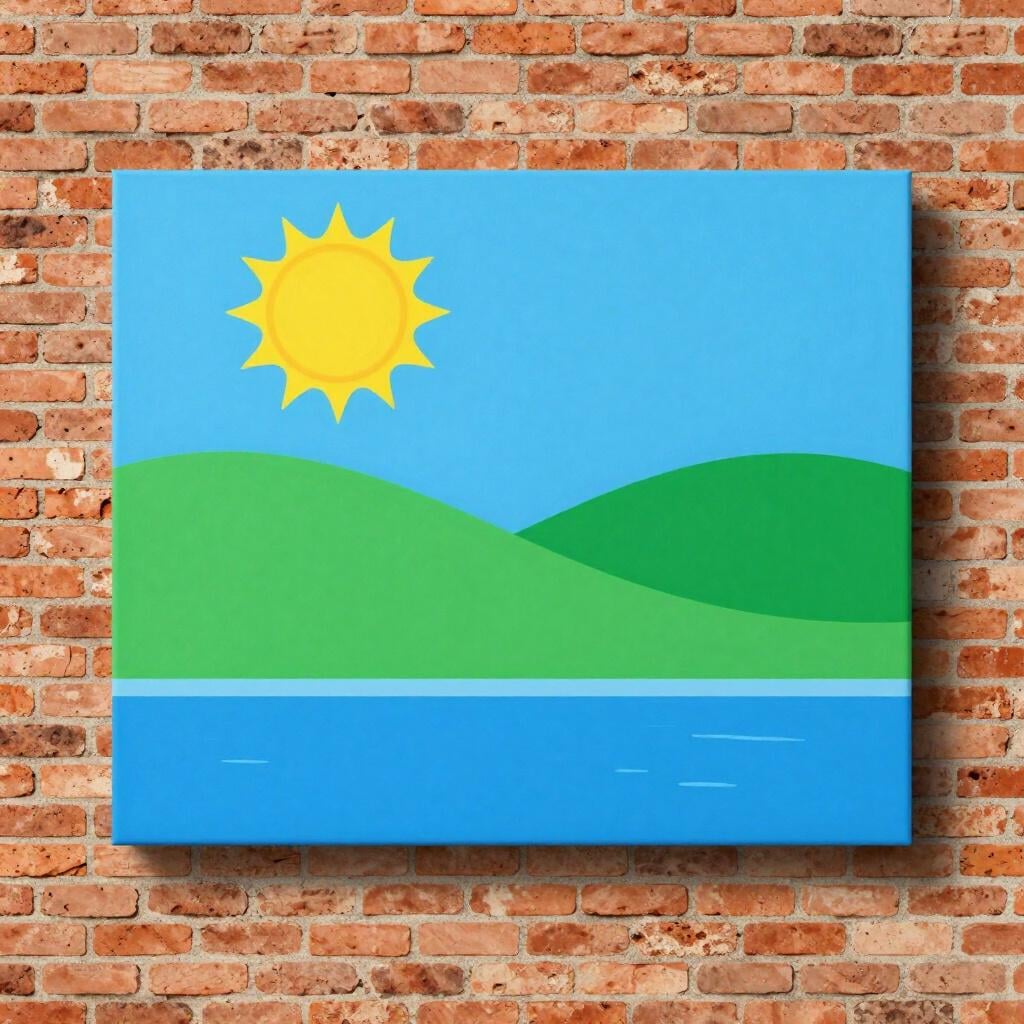 Een groot, kleurrijk schilderij van een landschap op de zijkant van een bakstenen gebouw.