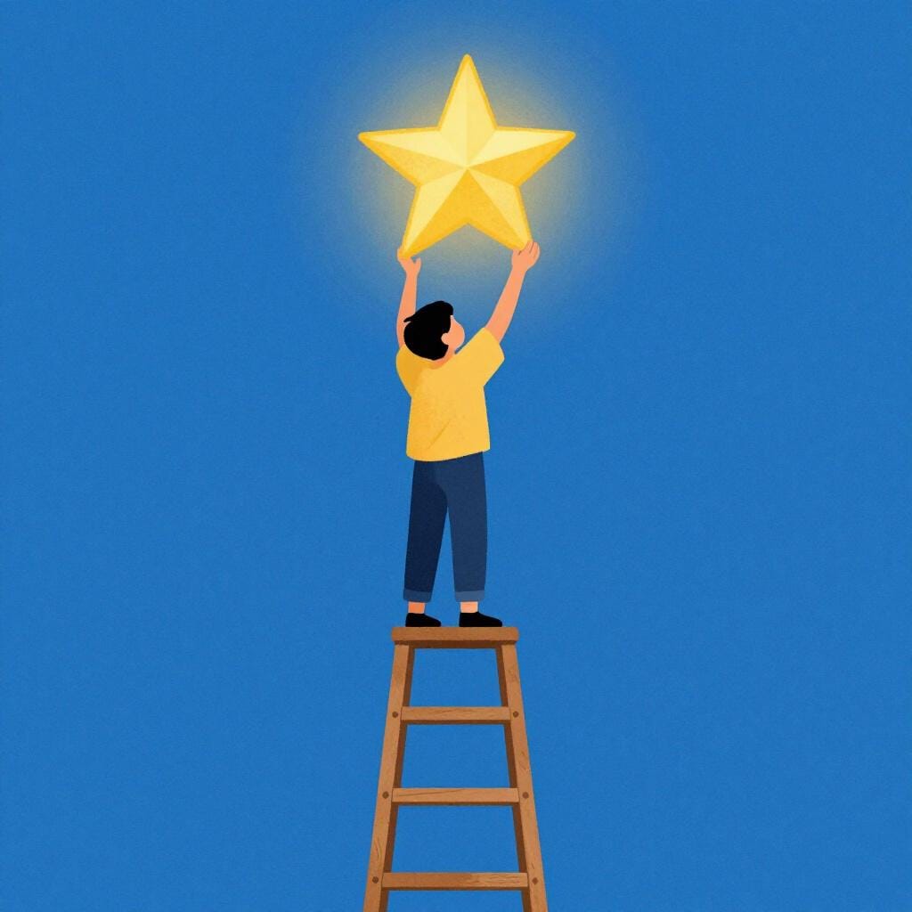 Uma pessoa em uma escada alcançando com as duas mãos uma estrela brilhante e luminosa no céu.