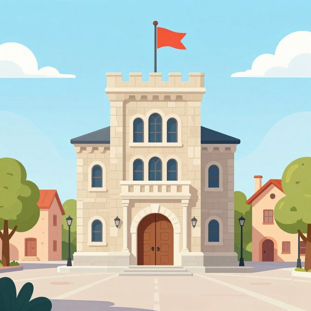 A large, impressive building with a grand entrance and a flag, standing in a town square.