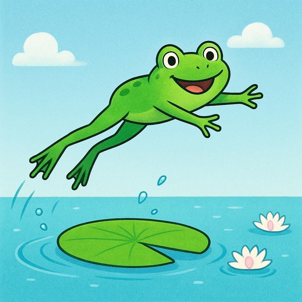 A bright green frog is suspended mid-air above a large green lily pad, demonstrating a jump.