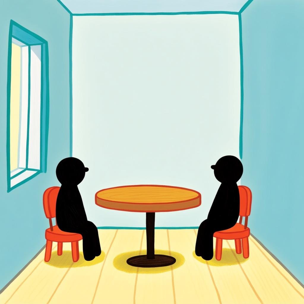 Two simple, identical figures sitting directly opposite each other across a small table.