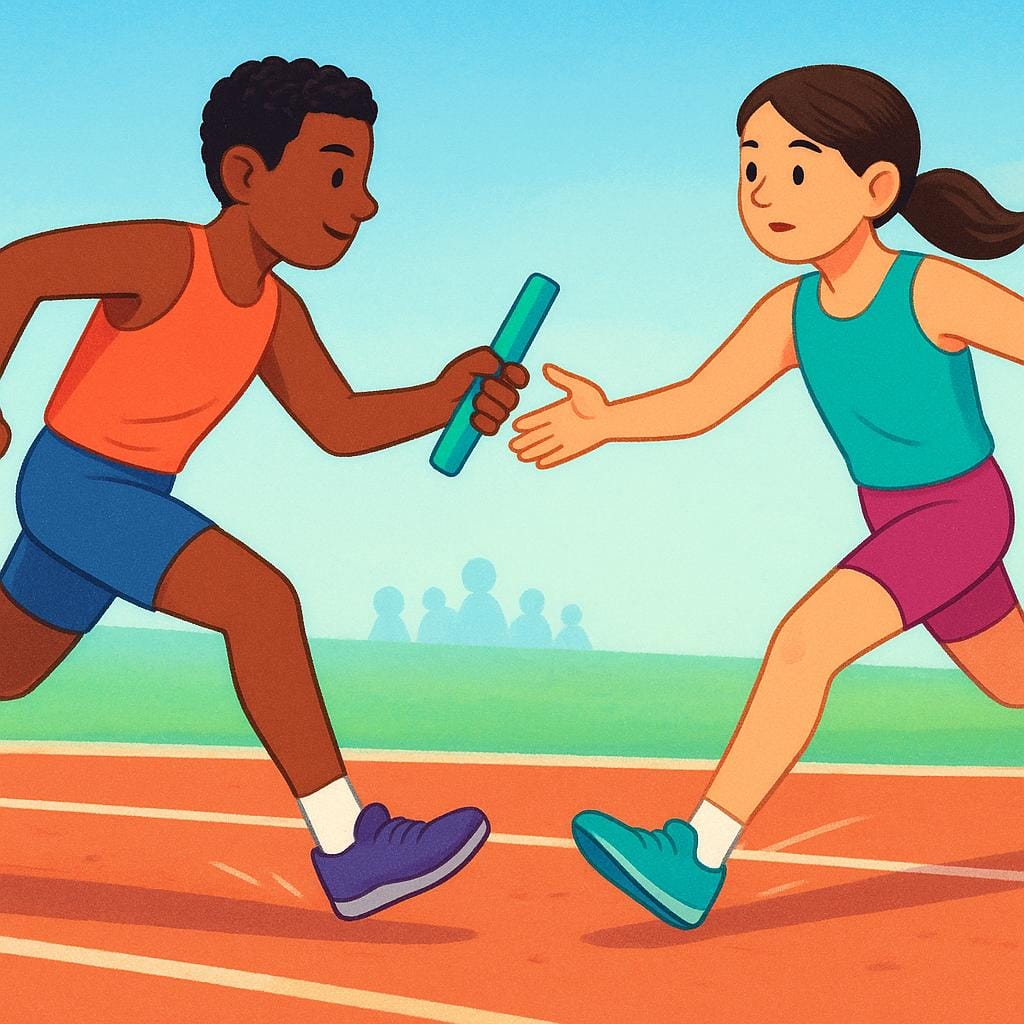 Two runners in a relay race. The first runner is handing a baton directly to the second runner, illustrating the act of succession or taking a place after someone else.