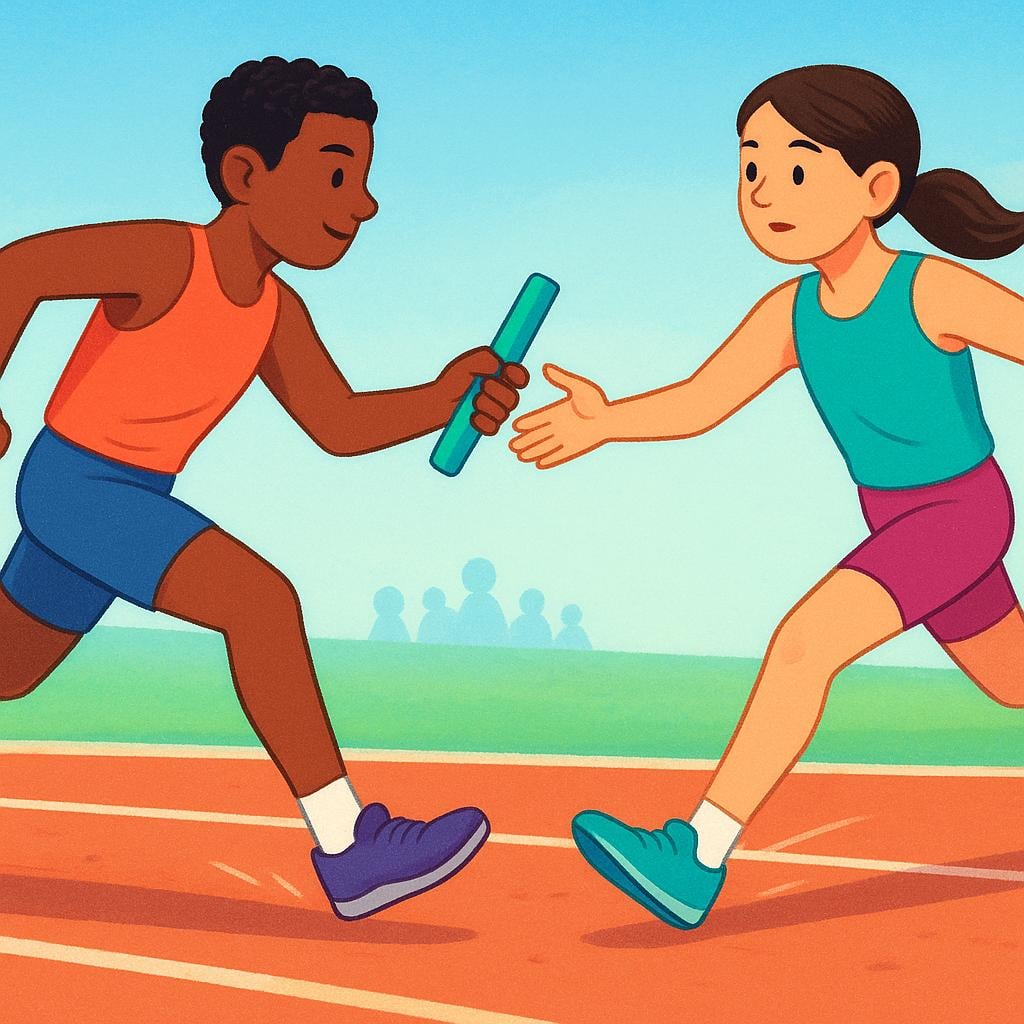 Two runners in a relay race. The first runner is handing a baton directly to the second runner, illustrating the act of succession or taking a place after someone else.
