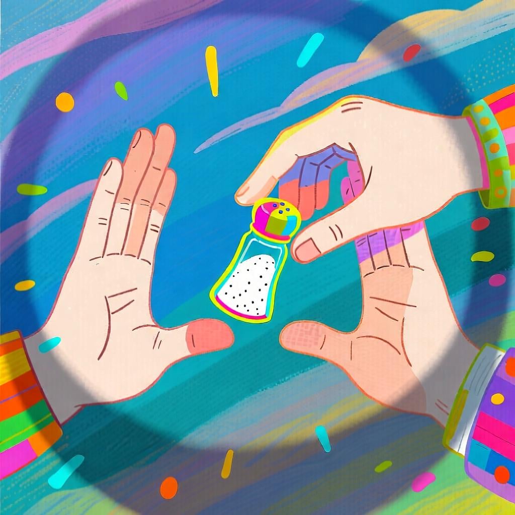 Two pairs of hands meeting in the center, passing a single, brightly colored salt shaker from one set of hands to the other.