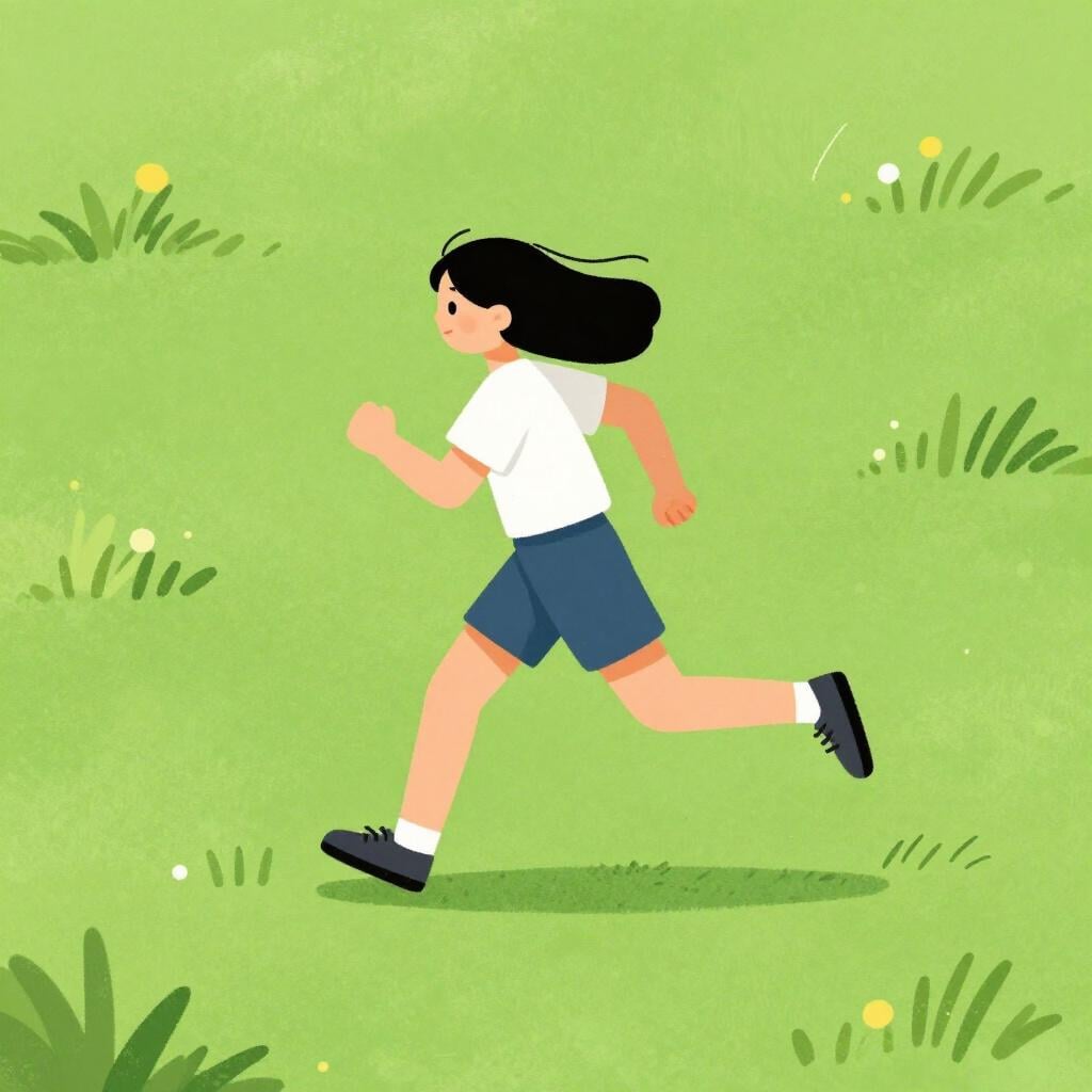 A cheerful person running quickly across a green grassy field with a blue sky in the background.