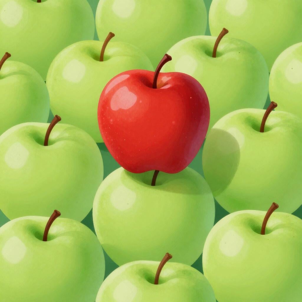 A single bright red apple sitting in a large pile of green apples.