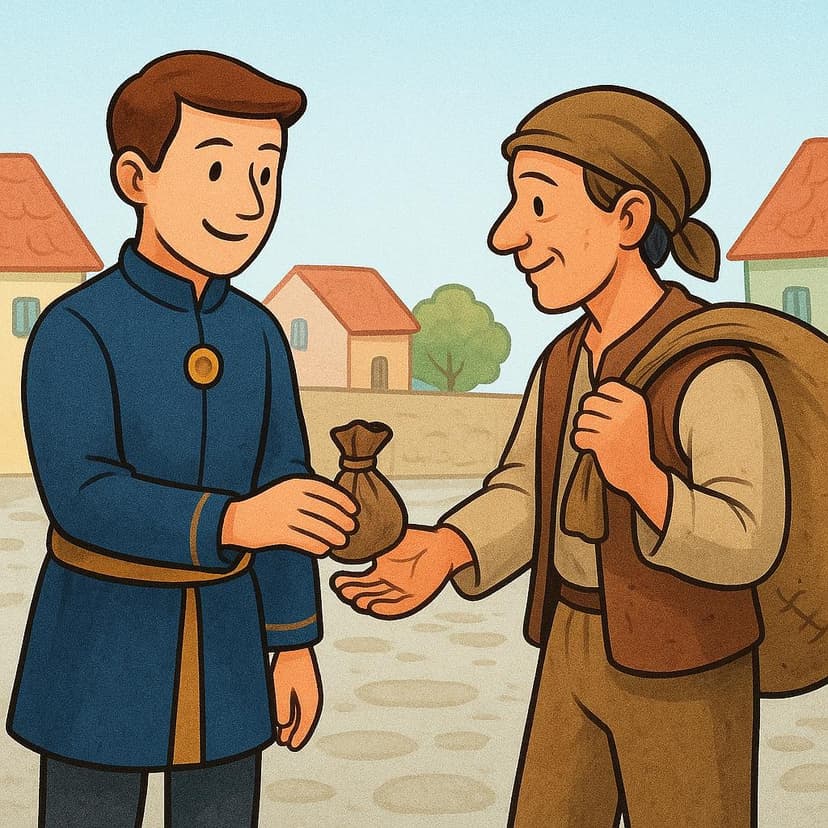 An official-looking person receiving a small bag of coins from another person carrying a large sack, illustrating the act of taxing.