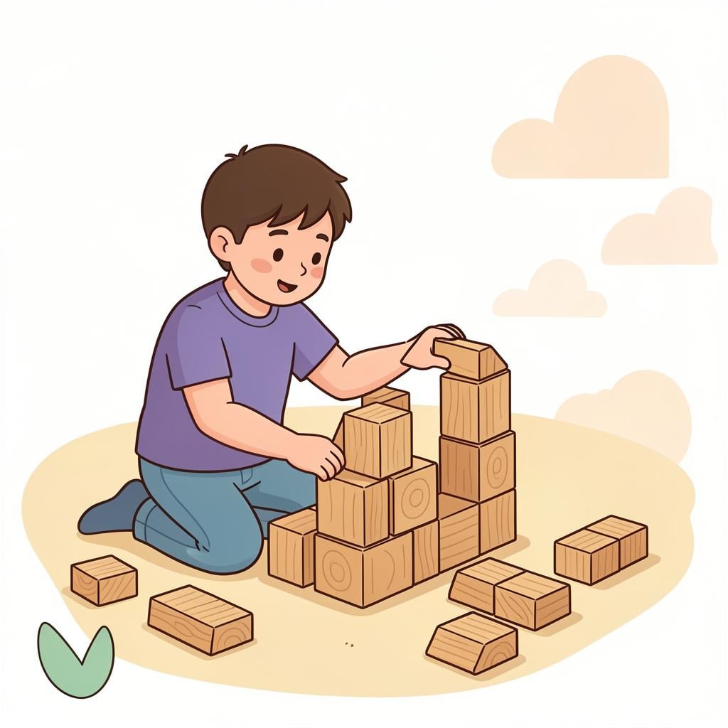 A person carefully building a tall tower out of colorful wooden blocks.