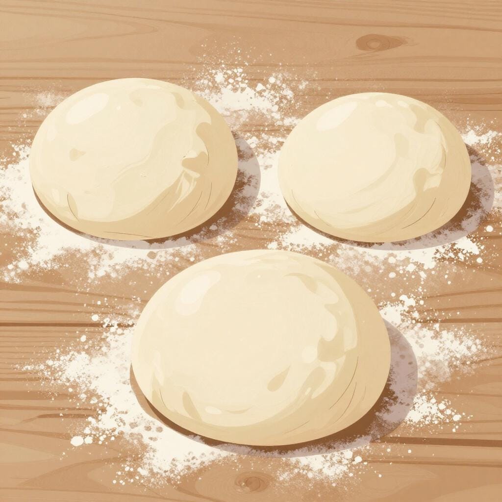 Mehrere runde Haufen glatten Brotteigs, die auf einem mit Mehl bestreuten Holztisch ruhen.