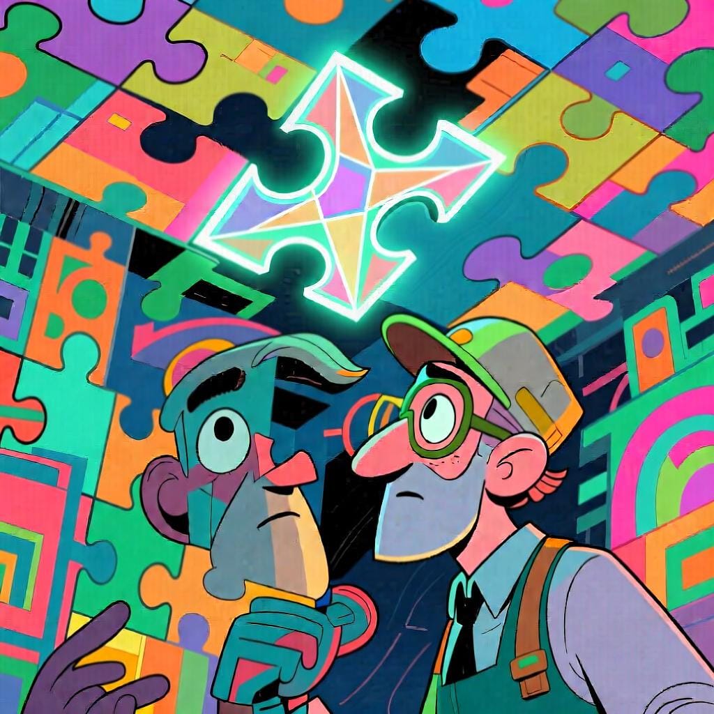 A stylized inventor character looking intently at a complex, abstract puzzle structure, which is suddenly completed by a single, glowing geometric shape snapping perfectly into place above their head.