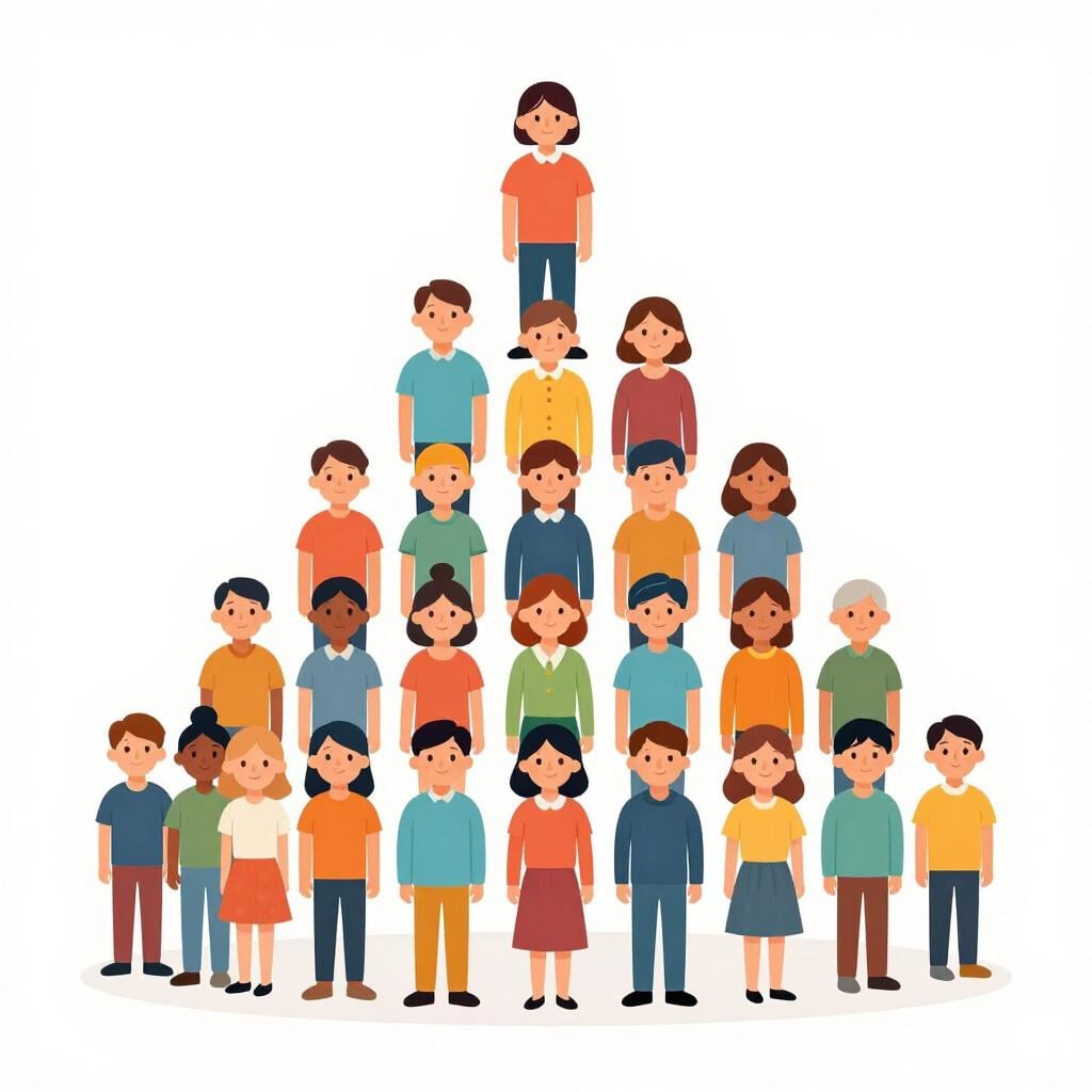 A group of people standing in a triangular formation, with one person at the top and many at the bottom.