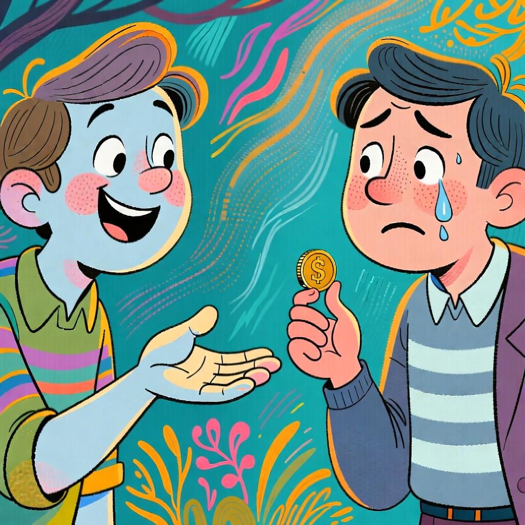 A cheerful person holds out an open, empty hand expectantly toward a second person who is holding a single coin and looking slightly apologetic, symbolizing an outstanding debt.