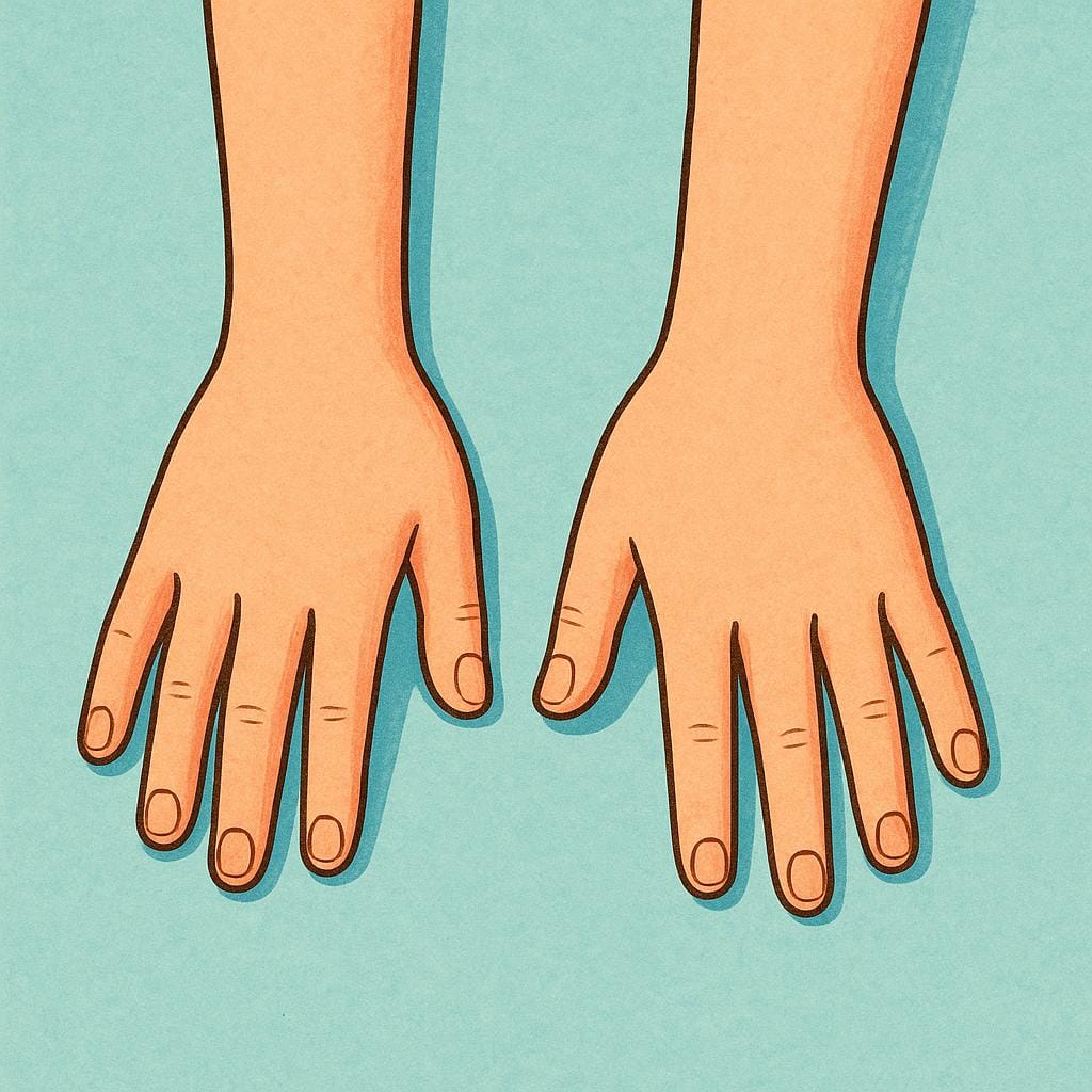 En närbild illustration av en persons två händer och underarmar som vilar på en yta, där lederna där handlederna finns tydligt framhävs.