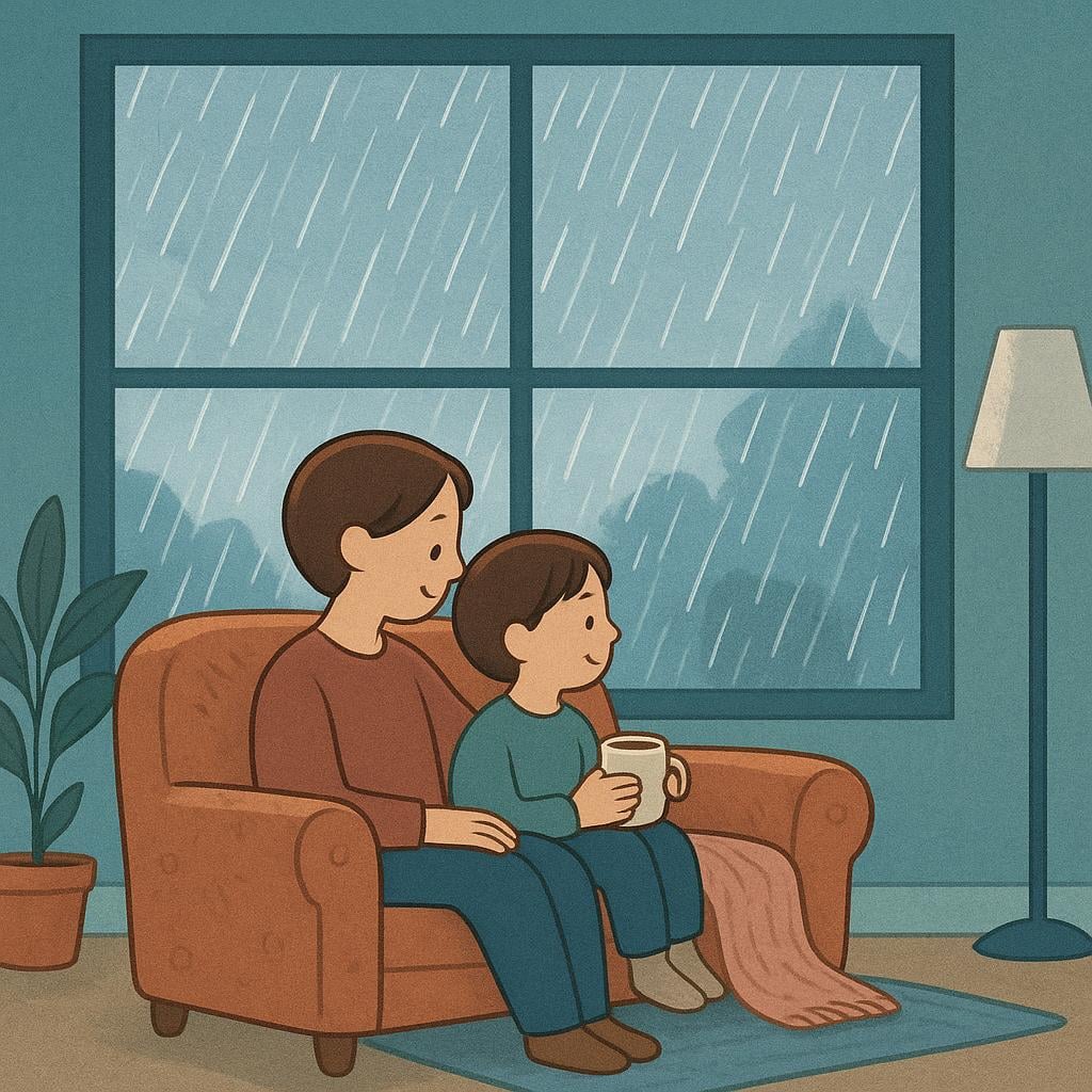 Two people relaxing on a couch indoors while looking at rain falling outside, illustrating the choice to stay inside.