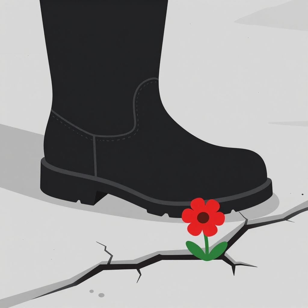 Une lourde botte de fer écrasant une belle fleur délicate.