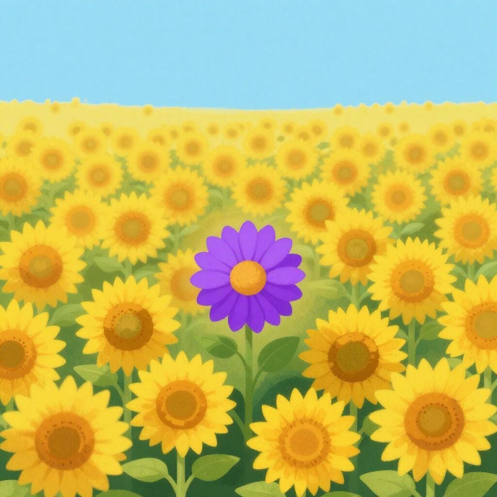 Een enkele felpaarse bloem die bloeit te midden van een uitgestrekt veld met gele zonnebloemen.