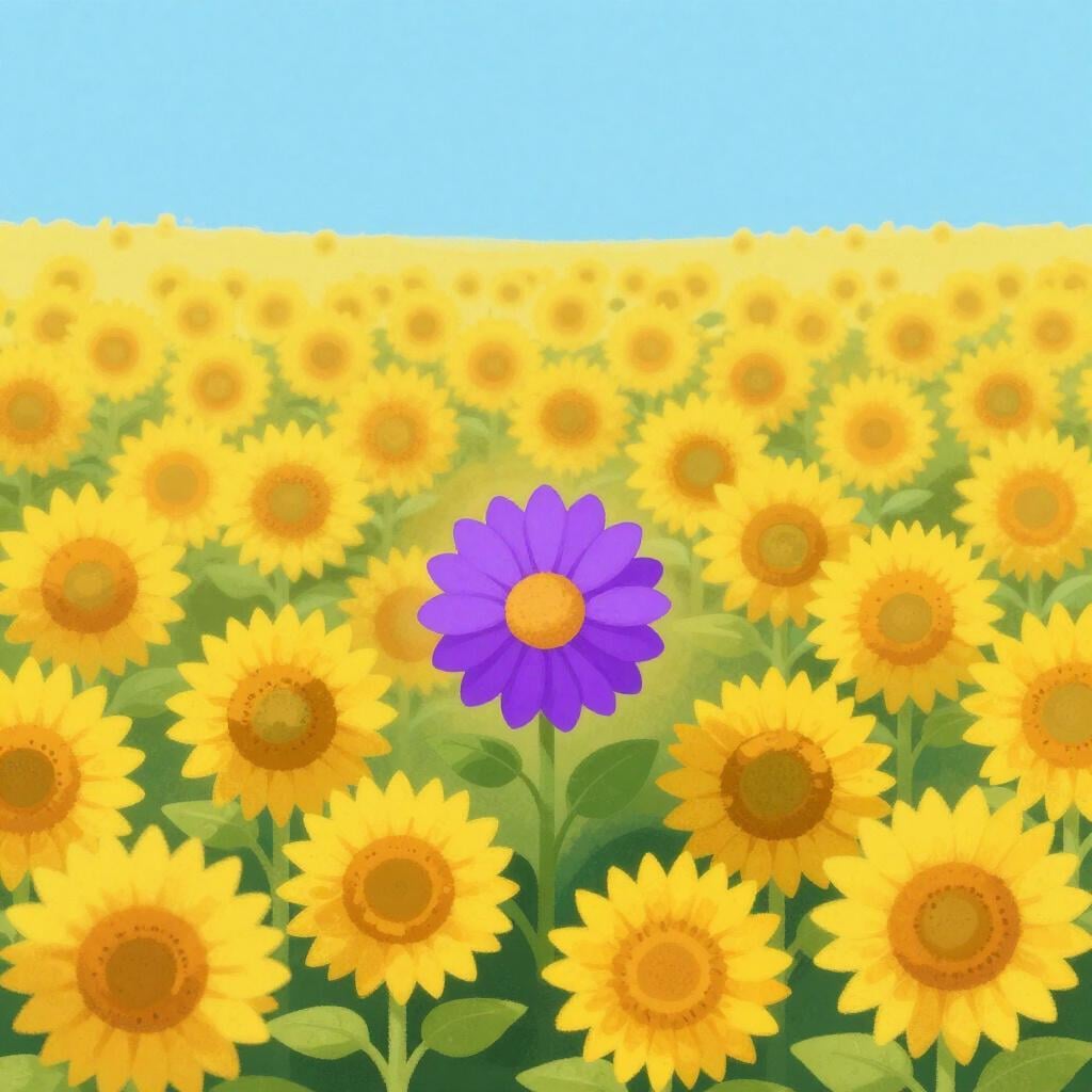 Uma única flor roxa brilhante desabrochando no meio de um vasto campo de girassóis amarelos.