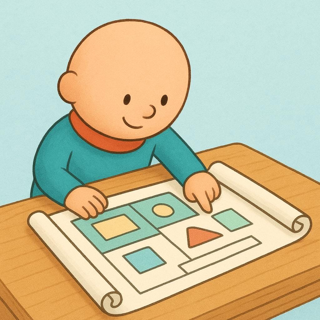 A cheerful cartoon figure stands at a table, pointing at a simple rolled-out paper showing geometric shapes that represent a layout or arrangement.