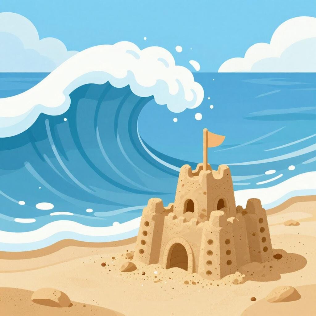 A small sandcastle being completely flattened by a large wave of water.