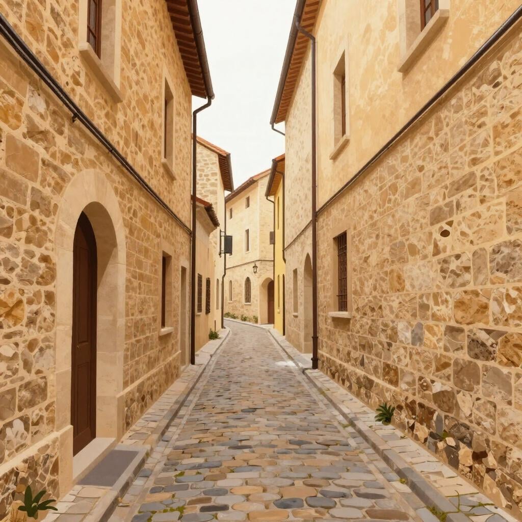 A very narrow cobblestone alleyway between two tall stone buildings.