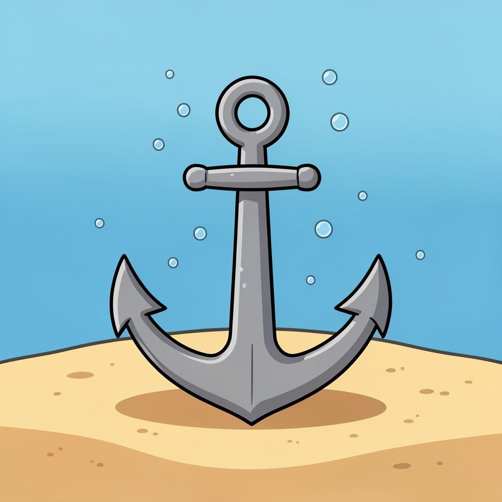 A heavy metal anchor resting firmly on the sandy ocean floor.