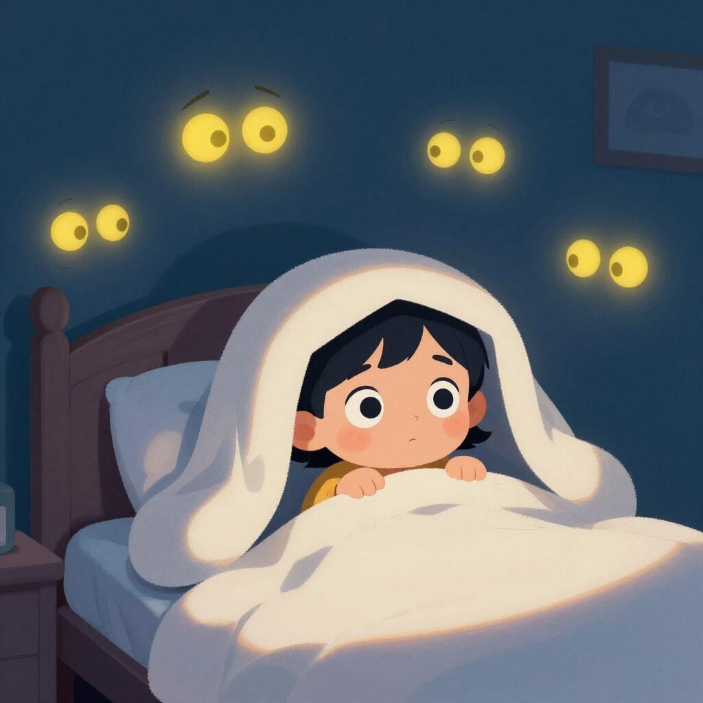 A small child peeking out from under a blanket at several glowing, friendly-looking monster eyes in a dark room.