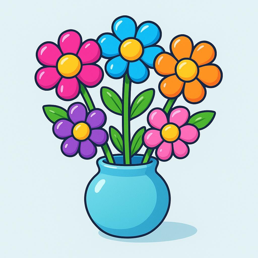 A close-up illustration of a vase holding several colorful, obviously plastic flowers that are perfectly formed and unnaturally smooth.