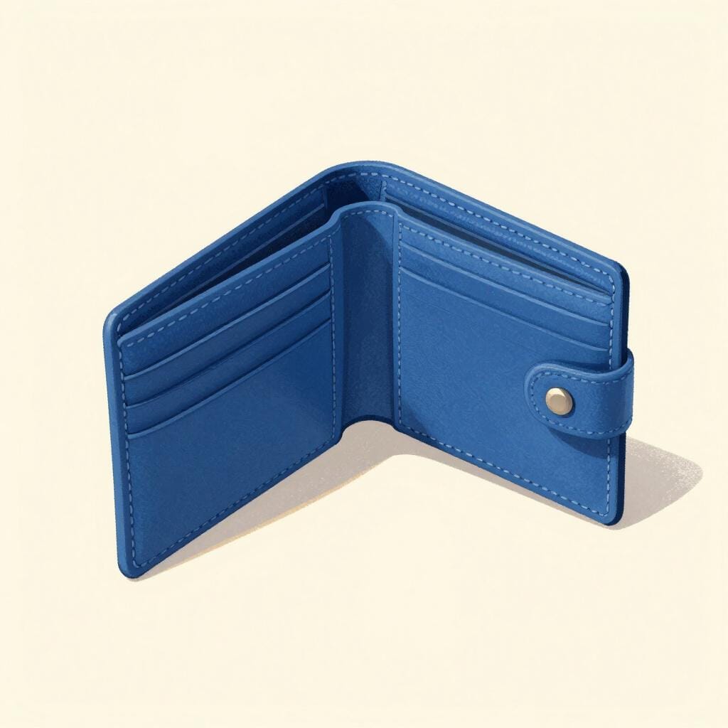 Un portafoglio blu vuoto, aperto su una superficie piana senza soldi all'interno.