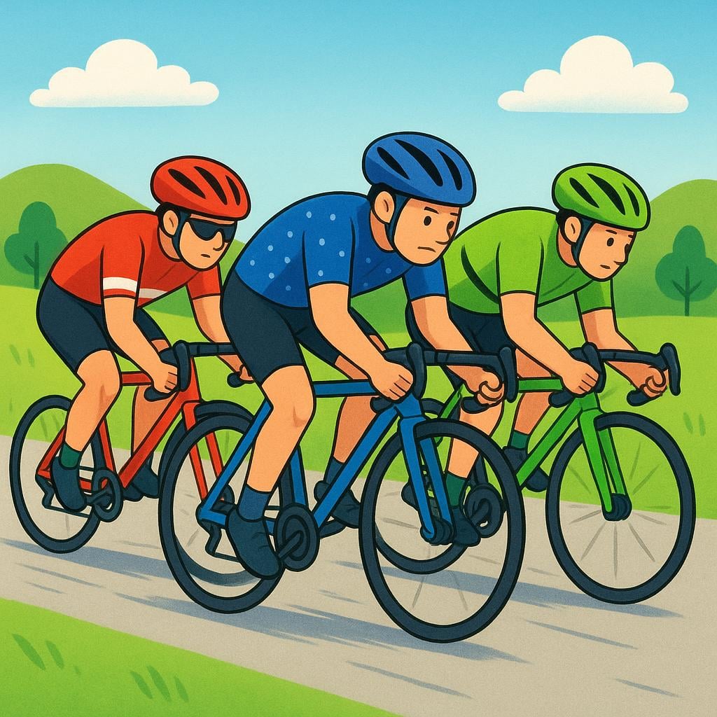 Three professional cyclists wearing brightly colored racing jerseys speeding down an open road during a long-distance competition.