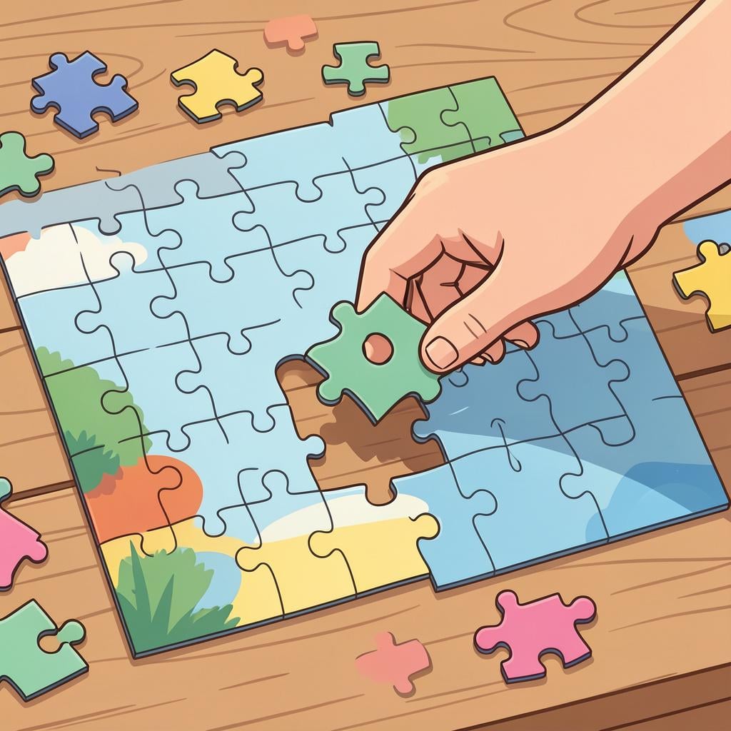 A child placing the final piece into a colorful jigsaw puzzle.