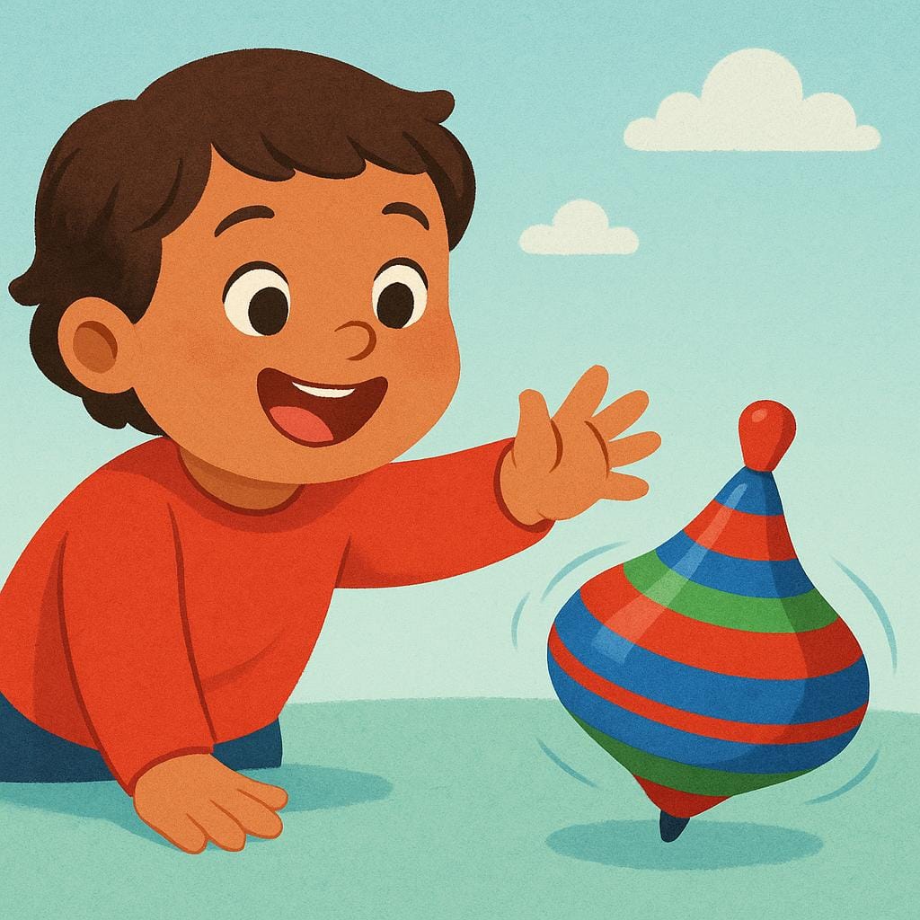 A smiling child is reaching eagerly with wide, delighted eyes toward a brightly colored, appealing spinning top toy, showing desirability.