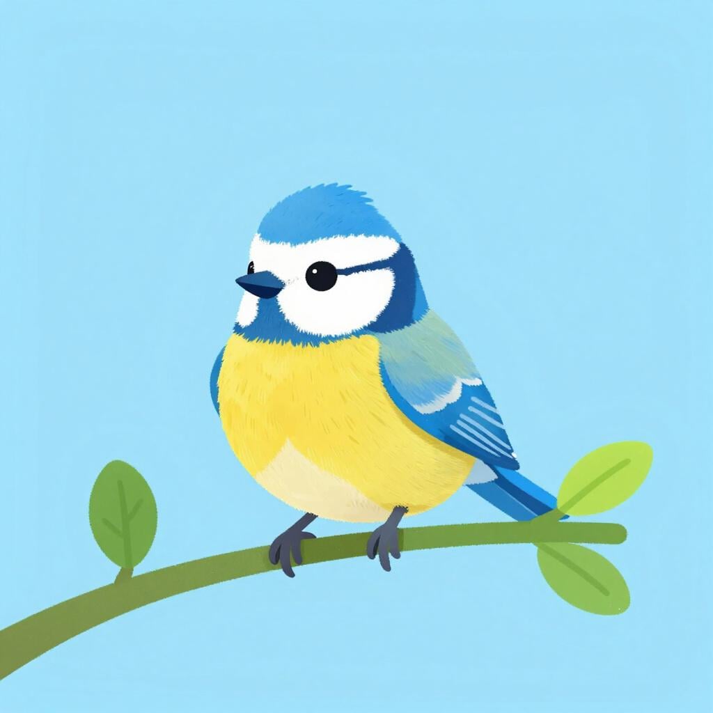 A small, colorful blue and yellow bird perched on a single green branch.