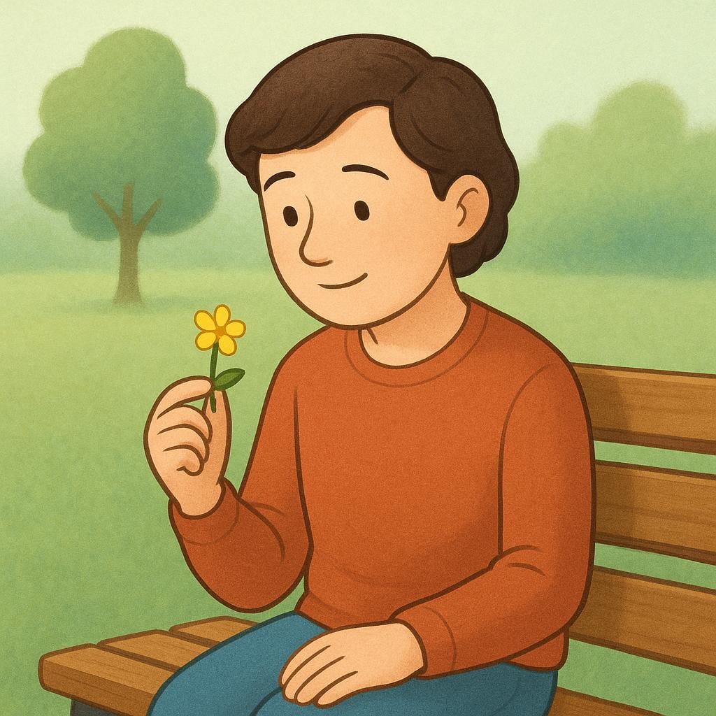 A person sitting peacefully on a park bench, looking at a single yellow flower in their hand with a soft smile, recalling a pleasant memory.