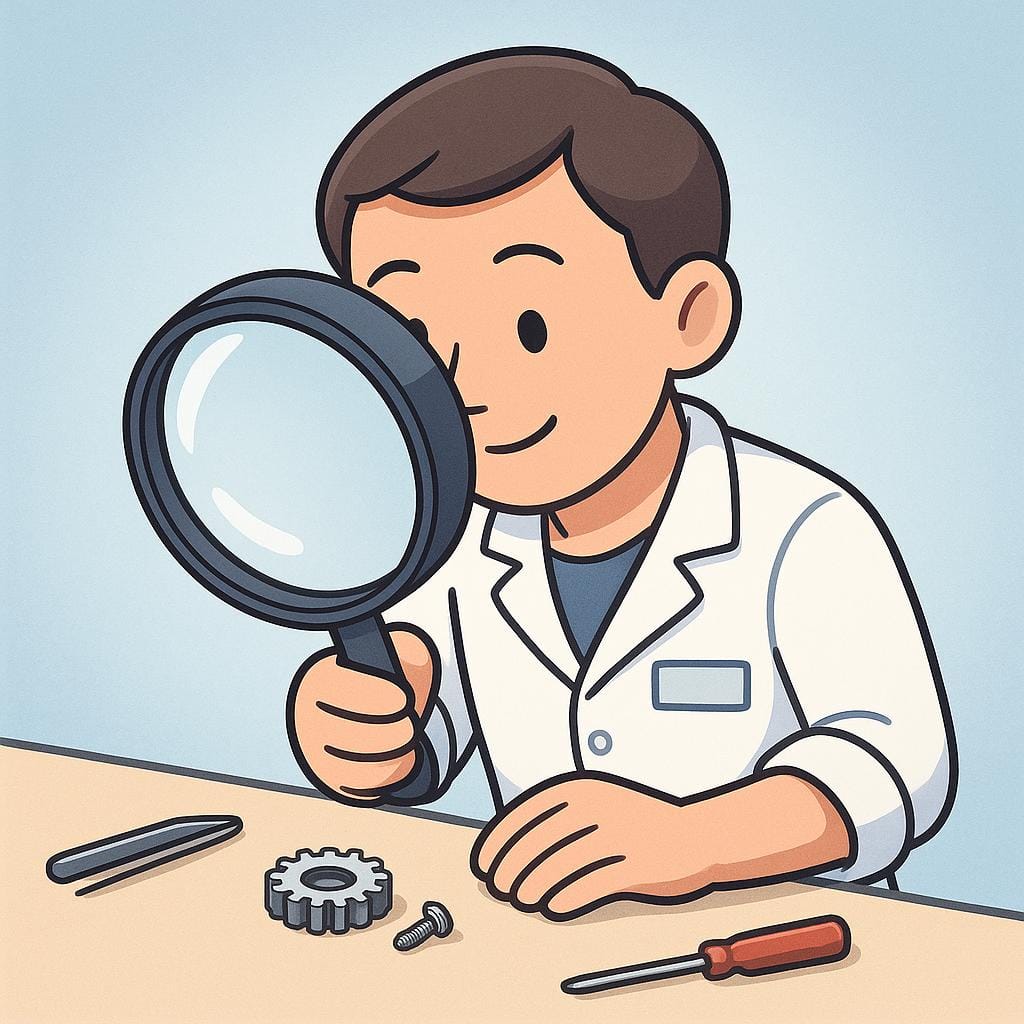 A cartoon figure wearing professional attire, holding a large magnifying glass and closely examining a small, simple mechanical object on a workbench, symbolizing an inspection.