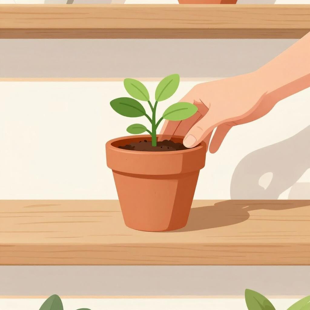Une main plaçant soigneusement une petite plante en pot sur une étagère en bois.