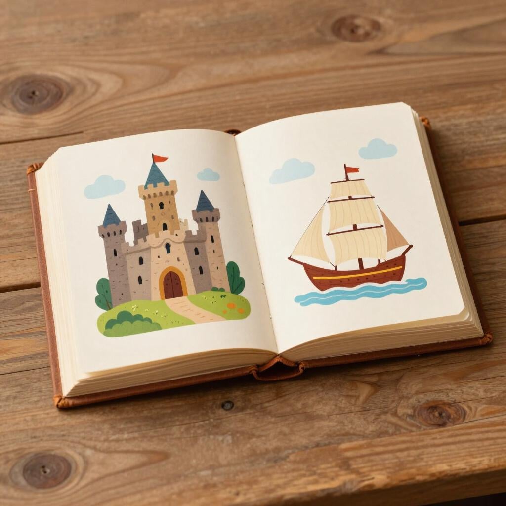 An old, thick leather-bound book lying open on a wooden table, showing hand-drawn illustrations of ancient ships and castles.