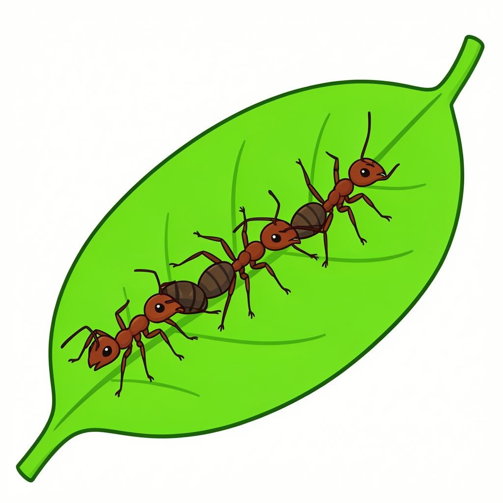 A row of small red and black ants walking across a green leaf.