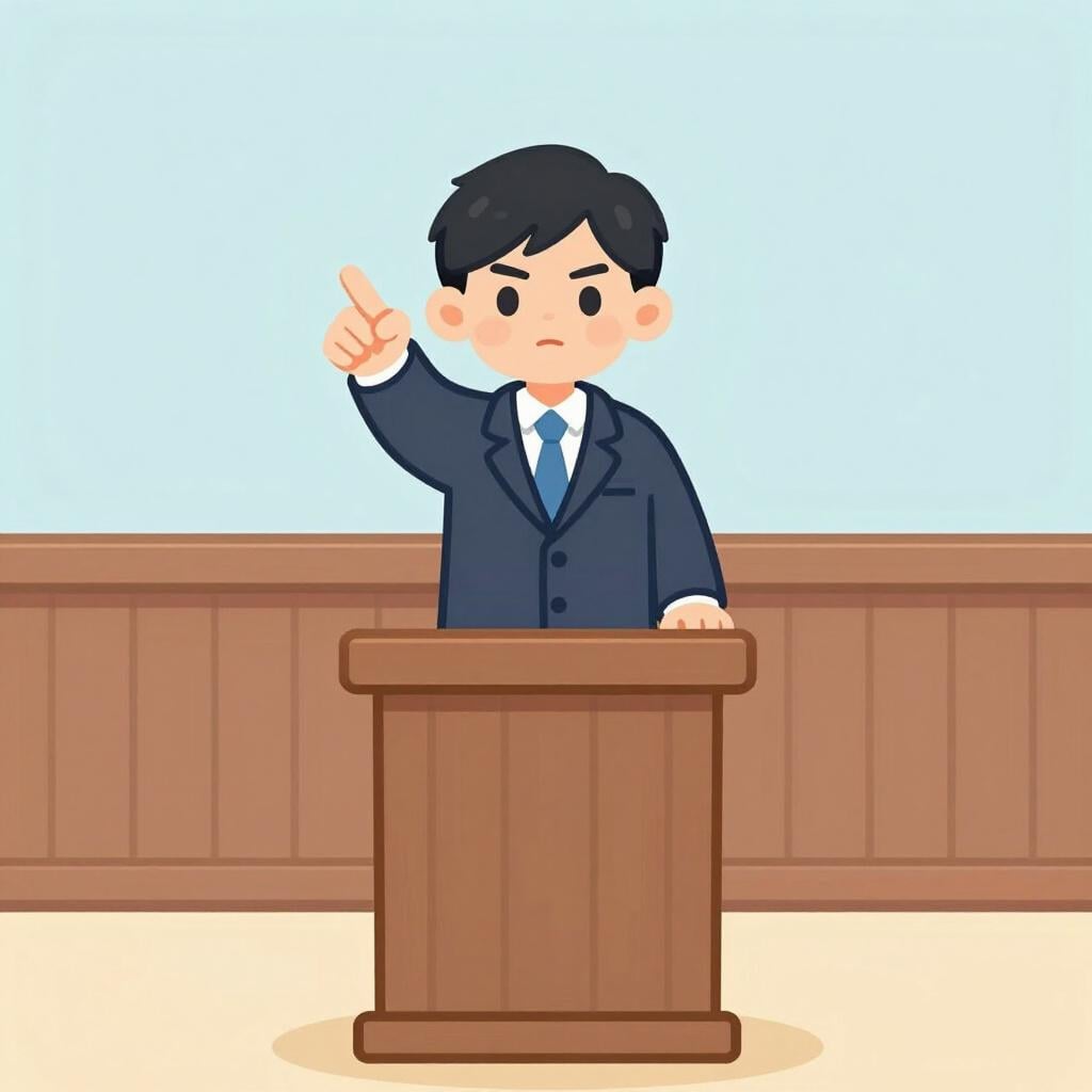 法廷の場面で、木製の演壇の後ろに立ち、裁判官席に向かって身振り手振りをする人。