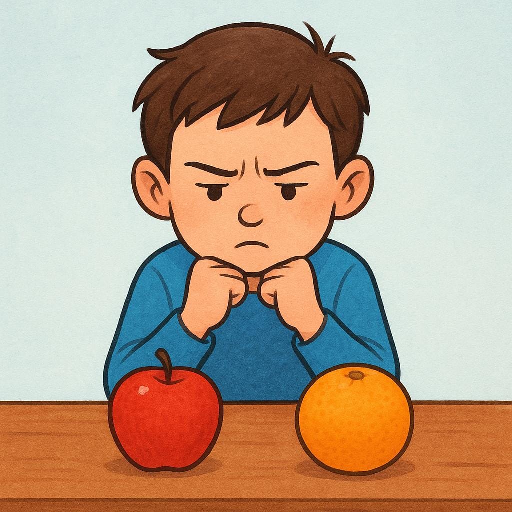 A person sitting at a simple wooden table with their chin resting on their hand, looking intently at two different pieces of fruit placed side-by-side, symbolizing weighing options or deep deliberation.