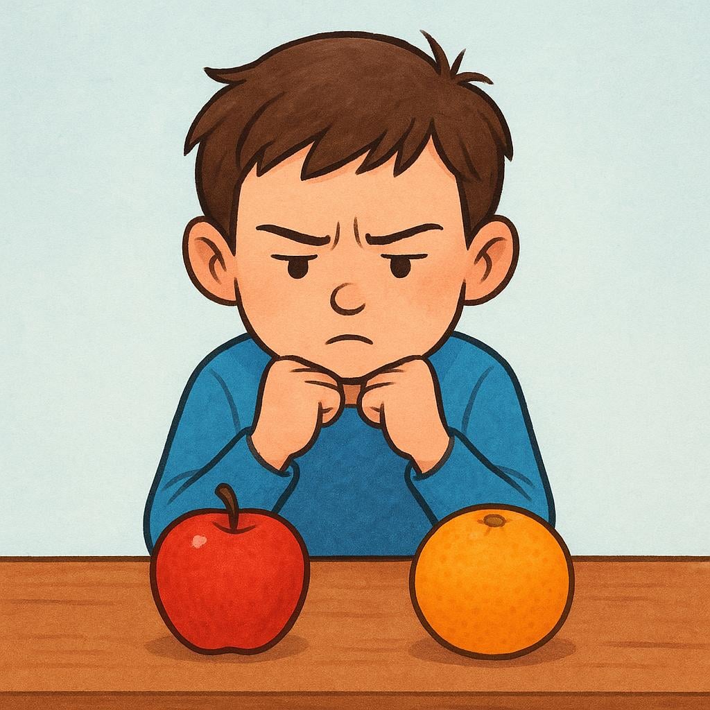 A person sitting at a simple wooden table with their chin resting on their hand, looking intently at two different pieces of fruit placed side-by-side, symbolizing weighing options or deep deliberation.