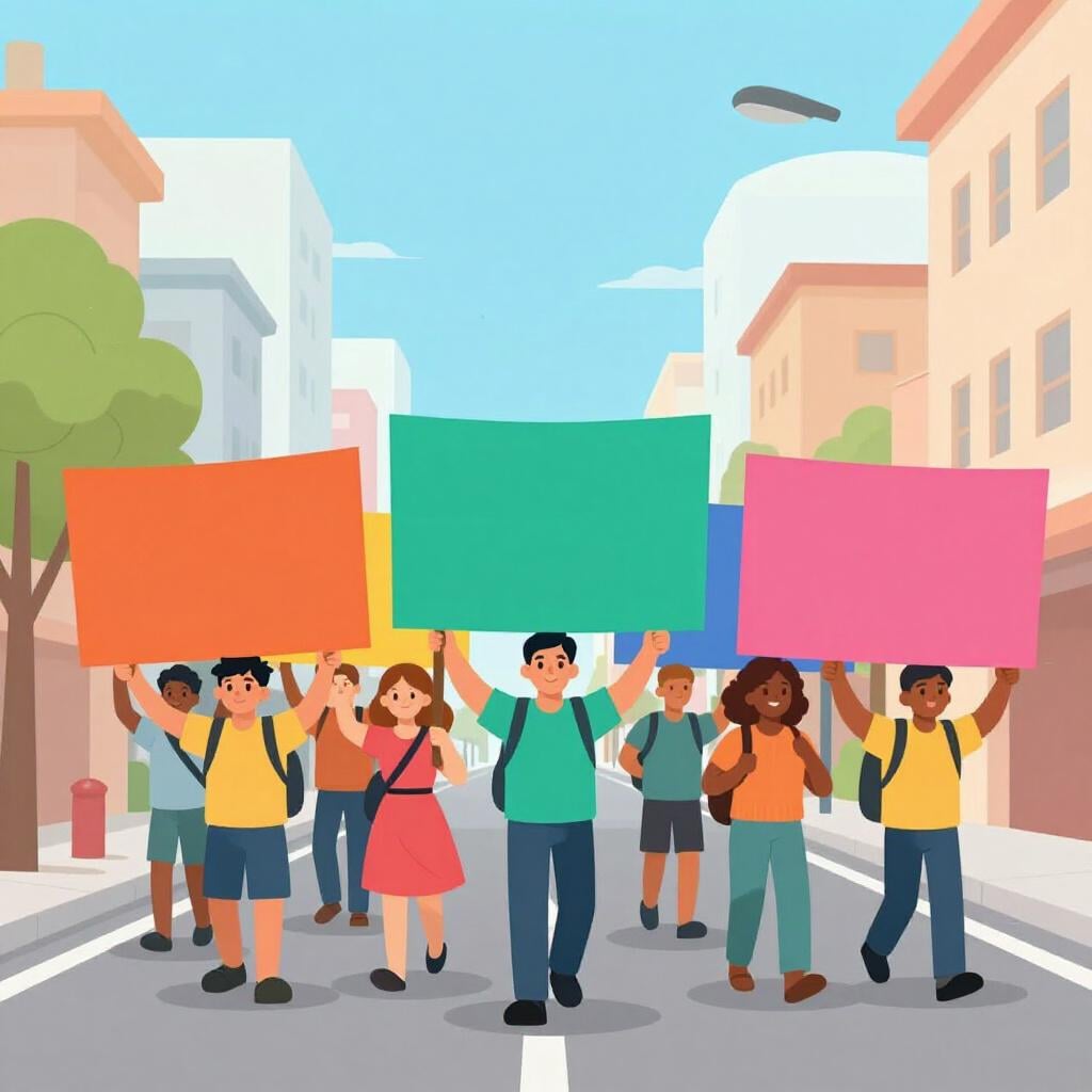 Un gruppo di persone che tengono grandi striscioni colorati e marciano insieme in una protesta pacifica.