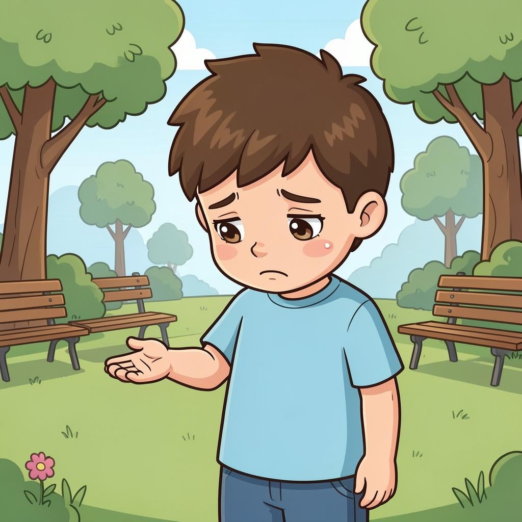 A sad child looking at an empty hand where a small toy used to be.